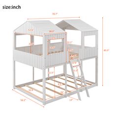 a white wooden bunk bed with measurements for the top and bottom level, showing how high it is