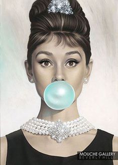 a painting of a woman wearing pearls and a necklace with a bubble in her mouth