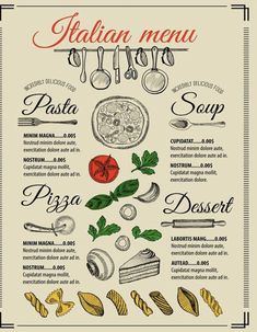 italian food menu with hand drawn lettering and illustrations on the theme of pasta, tomato, cheese