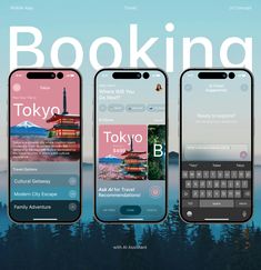 three smartphones with the words booking on them and an image of a city in the background