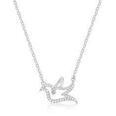 Send wishes of peace and happiness when you wear this symbolic diamond dove necklace in sterling silver. Crafted in sterling silver Diamonds sparkle along this sweetly looped dove outline. Captivating with 1/8 ct. t.w. of diamonds This design suspends centered along a cable chain that secures with a spring-ring clasp. 18.0-inch total length. Dove Outline, Diamond Dove, Dove Necklace, Peace And Happiness, Bird Pendant, Silver Pendants, Gold Diamond Rings, Selling Jewelry, Fine Jewellery Necklace