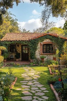 a stone path leading to a small house