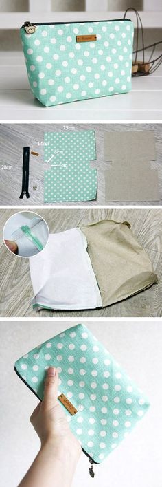 the instructions for how to make a zippered pouch with polka dot fabric and leather handles