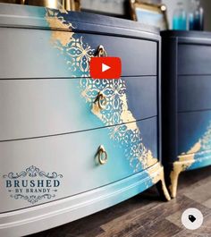 two blue dressers with gold designs on them and the words brushed by brandy