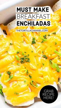 an enchilada in a white casserole dish with cheese and parsley