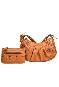 an orange handbag and purse on a white background with clippings to the side