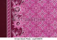 a pink and purple floral design on a red background with an ornate border in the center