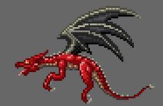 a pixel art style image of a red and black dragon with horns on its head