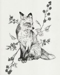 a black and white drawing of a fox sitting on top of a branch with flowers