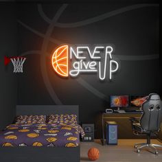 a bed room with a neatly made bed and a basketball on the wall