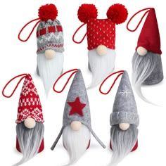 six gnome hats with red and white pom poms on them, all in different colors