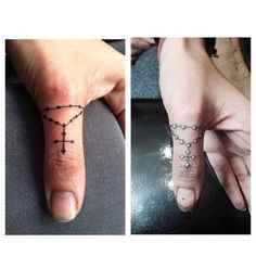 two pictures of someone's hand with a cross tattoo on the middle finger and one has a diamond ring