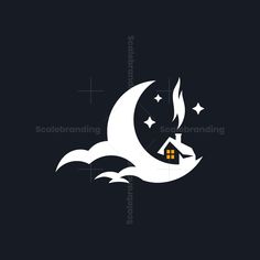 a house on the moon with stars in the sky logo design for real estate company