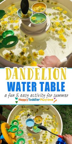 the table is covered with yellow flowers and water for children to play in it,