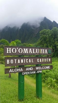 a wooden sign sitting on the side of a lush green field next to a forest