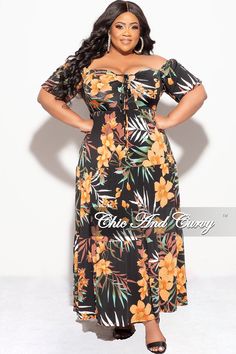 Polyester% 96 Spandex% 4 Model is wearing 1x Floral Plus Size Dresses, Floral Dress Outfits, Chic And Curvy, Black Floral Print, Hawaiian Print, Tiered Maxi Dress, Plus Size Shorts, Black Beauty, Formal Wear