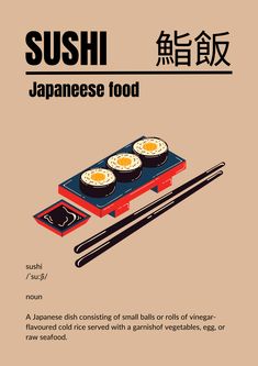 an advertisement for sushi japanese food with chopsticks