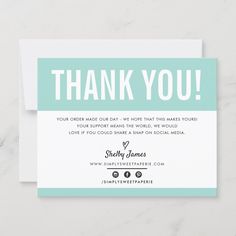 a thank card with the words,'thank you'written in white and teal