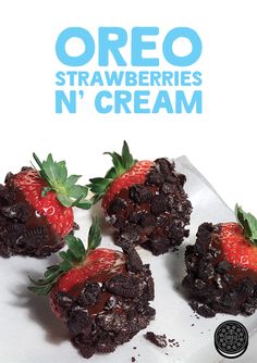 four chocolate desserts with strawberries on top and the words oreo strawberryries n'cream