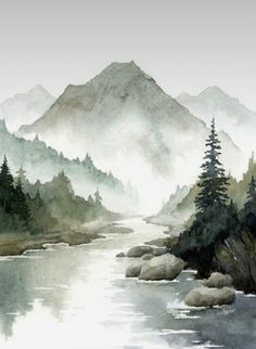 a watercolor painting of mountains, trees and a river in the foreground with fog