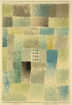 an abstract painting with squares and lines in blue, green, yellow and brown colors