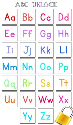 the alphabets and letters are arranged in different colors, with a lock on each side