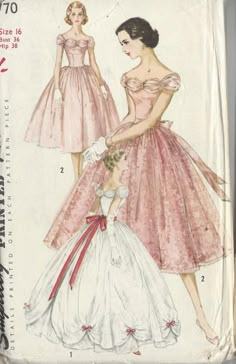 I'm inspired by this for Belle's gown. ITEM DESCRIPTION: ~ Circa/Date:  1956 ~ Details:    Two style variation EVENING DRESS with Detachable  Overskirt. ~ Details:  DRESS.  ~ Size/Measurements (Inches):    Size: 16     BUST: 36    Waist: 28     Hip: 38 ~ Condition: Brand New Reproduced Copy. All pieces present and correct, with 1950s Patterns, Evening Dress Patterns, Patron Vintage, Simplicity Dress, Scale Pattern, Gown Pattern, Elegant Outfits, Motif Vintage