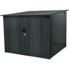 a black shed with the door open on a white background, it is isolated from the side