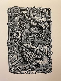 a black and white drawing of fish, flowers, and swirls in a square frame