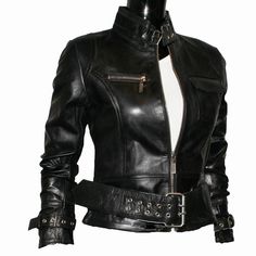 Fitted Biker Jacket, Womens Black Coat, Biker Coat, Lambskin Leather Jacket, Belted Jacket, Lady Biker, Black Leather Belt, Biker Style, Leather Motorcycle Jacket