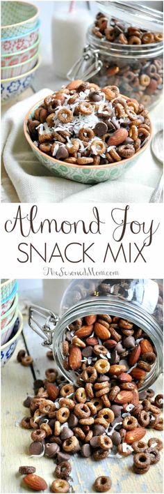 chocolate almond coconut snack mix in a bowl on top of a table with other plates and bowls