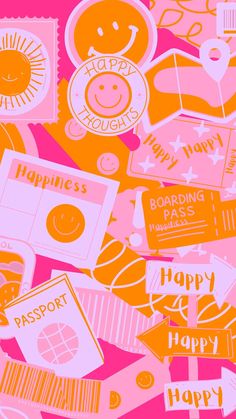 an image of many different stickers on the wall in pink and orange colors with happy messages