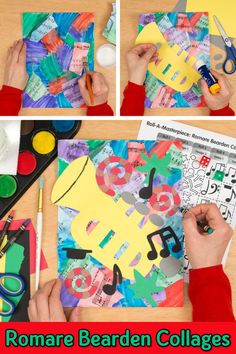 the collage shows how to make an art project with paper, scissors and colored crayons