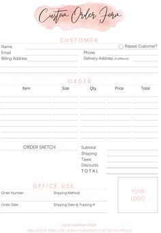 an invoice form with pink watercolor stains and the words, create order tags