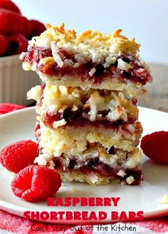 raspberry shortbread bars stacked on top of each other