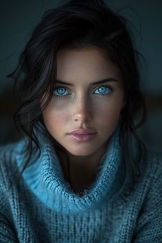 a woman with blue eyes wearing a sweater