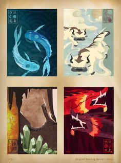 four different colored paintings with fish in them