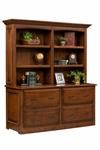 a wooden bookcase with drawers and plants on top