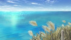 an artist's rendering of the ocean with grass in foreground and blue sky above