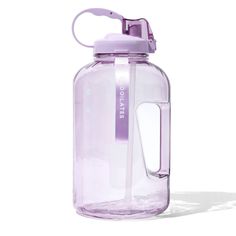 a purple water bottle with a handle on the side and a white tag attached to it