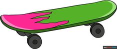 a skateboard with pink and green paint on the bottom, sitting in front of a white background