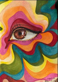 an eye painted with multicolors and shapes