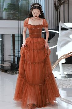 Princess Rust Beaded A-line Long Formal Dress Formal Prom Dresses Long, Long Formal Dress, Tulle Ball Gown, Tulle Prom Dress, Prom Dresses Lace, Prom Dresses Blue, Formal Dresses Prom, Rust Color, Orange Dress