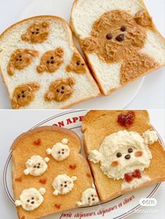 toasted bread with peanut butter and jelly bears on it, cut in half to look like teddy bears