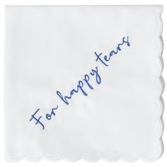 a white handkerchief with blue writing on it