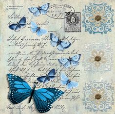 blue butterflies are flying over an old letter