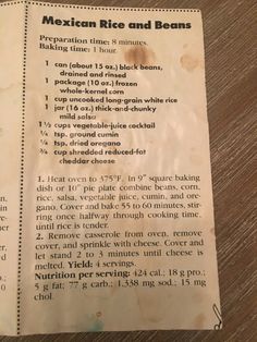 a recipe for mexican rice and beans on a wooden table with instructions to make it