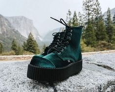 Green Velvet 7-Eye Viva Mondo Boot Creeper Boots, Emerald Green Velvet, Pointed Boots, Creepers Shoes, Punk Boots, Velvet Boots, On Clouds, Walking On Clouds, Buckle Boots