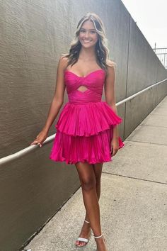 Expertly crafted with satin fabric, this chic A-line strapless homecoming dress features an empire waist for a flattering silhouette. Perfect for any formal event, this dress exudes elegance and sophistication. Embody timeless beauty and confidence in this stunning piece. Pink Satin Fabric, Dresses Birthday, Homecoming Dresses Lace, Vibrant Dress, Mini Homecoming Dresses, Dress Layered, Hoco Dress, Satin Short, Short Homecoming Dress