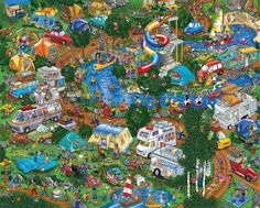 an illustrated map of the park with lots of vehicles and water features, including children's playgrounds